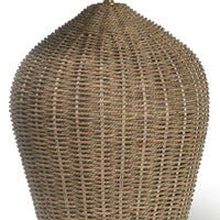 Georgian table lamp with a natural rattan base and a simple natural linen shade.