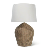 Georgian table lamp with a natural rattan base and a simple natural linen shade.