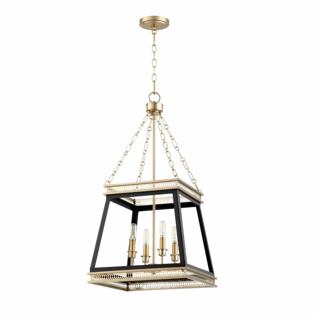 Gerome black and aged brass pendant light with an open frame and four candelabra bulbs.