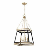Gerome black and aged brass pendant light with an open frame and four candelabra bulbs.
