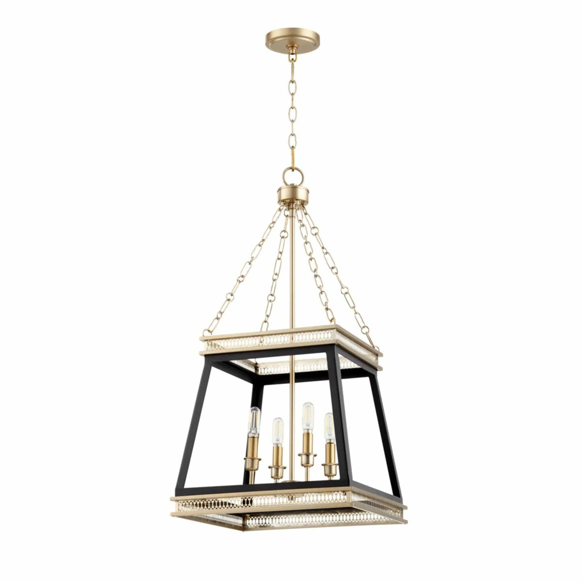 Gerome Black & Aged Brass Pendant: French country four-light fixture with open iron frame and candelabra sockets.