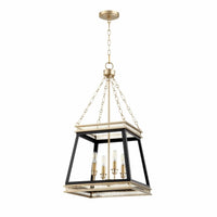 Gerome Black & Aged Brass Pendant: French country four-light fixture with open iron frame and candelabra sockets.