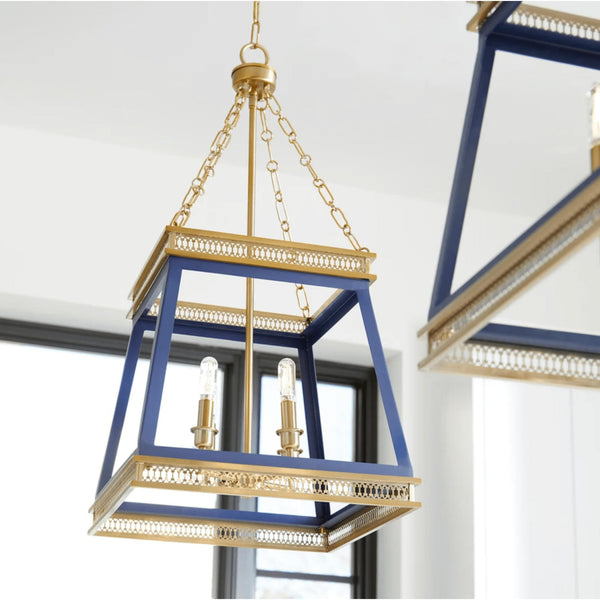 Gerome Blue & Aged Brass Pendant: French country four-light fixture with open frame and candelabra sockets.