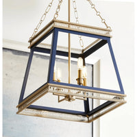 Gerome Blue & Aged Brass Pendant: four-light, open-frame fixture with candelabra sockets and chain.