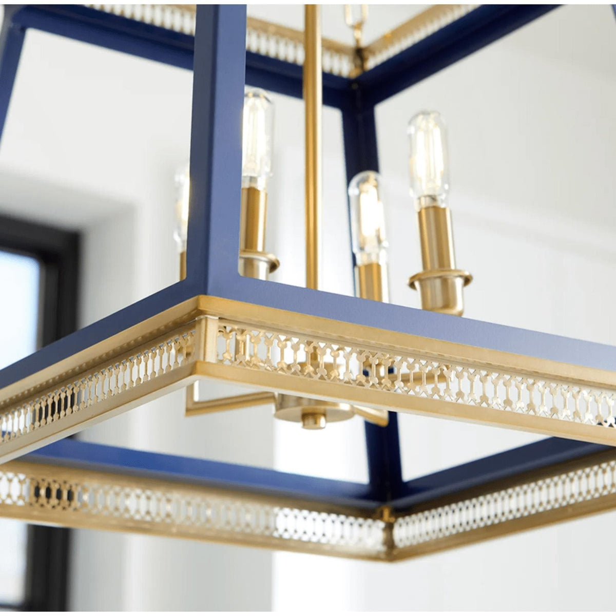 Gerome Blue & Aged Brass Pendant: French country four-light fixture with open frame and candelabra sockets.