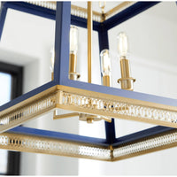 Gerome Blue & Aged Brass Pendant: French country four-light fixture with open frame and candelabra sockets.