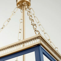 Gerome Blue & Aged Brass Pendant, a four-light fixture with an open frame and candelabra sockets.