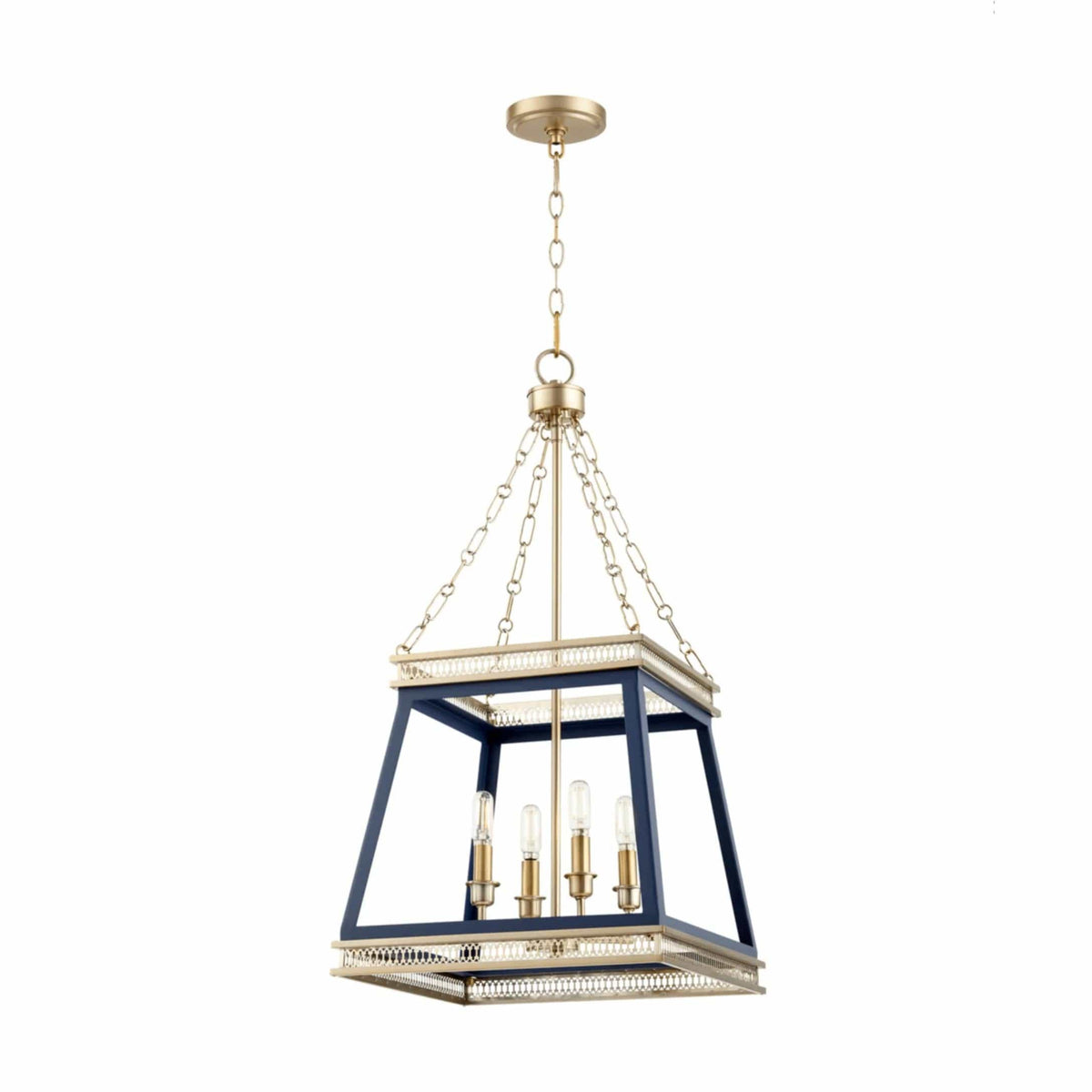 Gerome Blue & Aged Brass Pendant: French country four-light fixture with open frame, candelabra sockets.