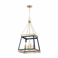 Gerome Blue & Aged Brass Pendant: French country four-light fixture with open frame, candelabra sockets.