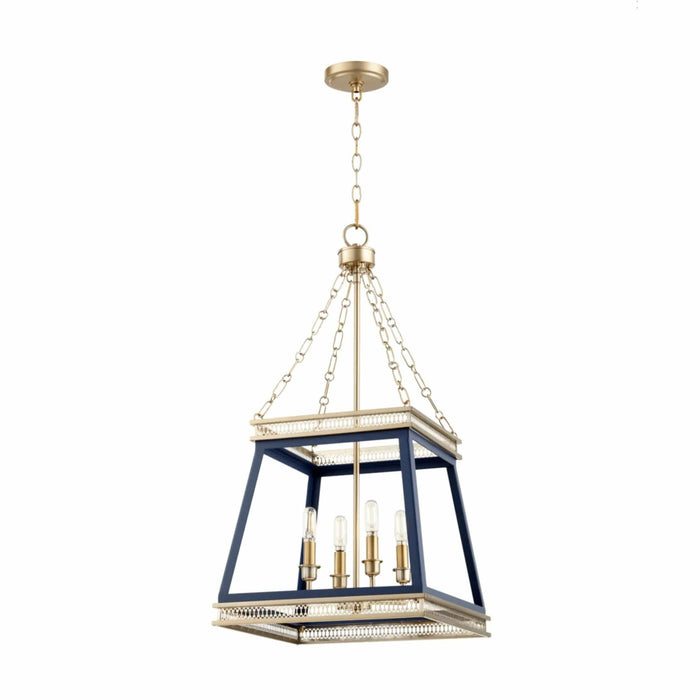 Gerome Blue & Aged Brass Pendant: French country four-light fixture with open frame, candelabra sockets.