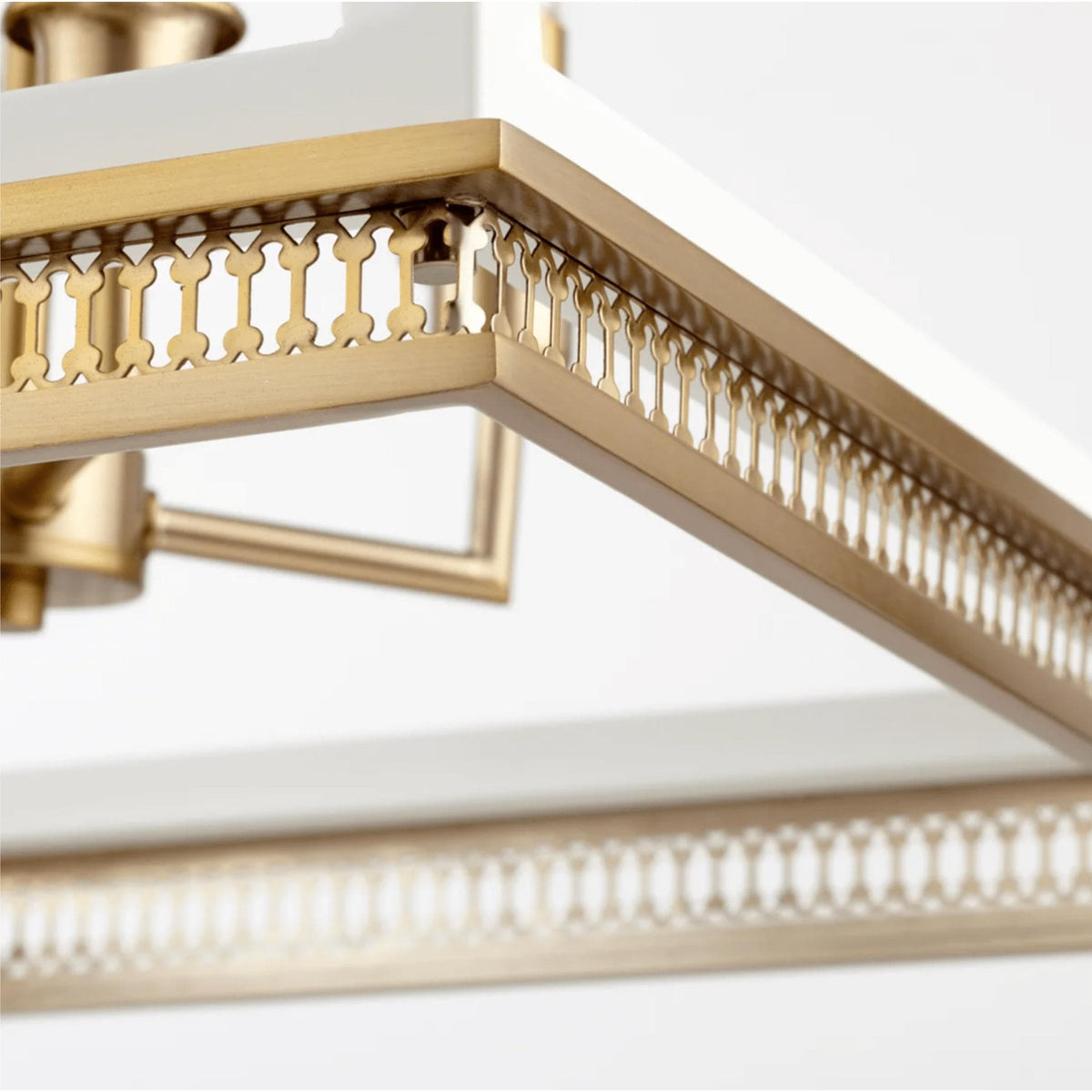 Gerome white and aged brass pendant with ornate open frame and candelabra sockets.