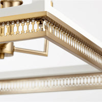 Gerome white and aged brass pendant with ornate open frame and candelabra sockets.