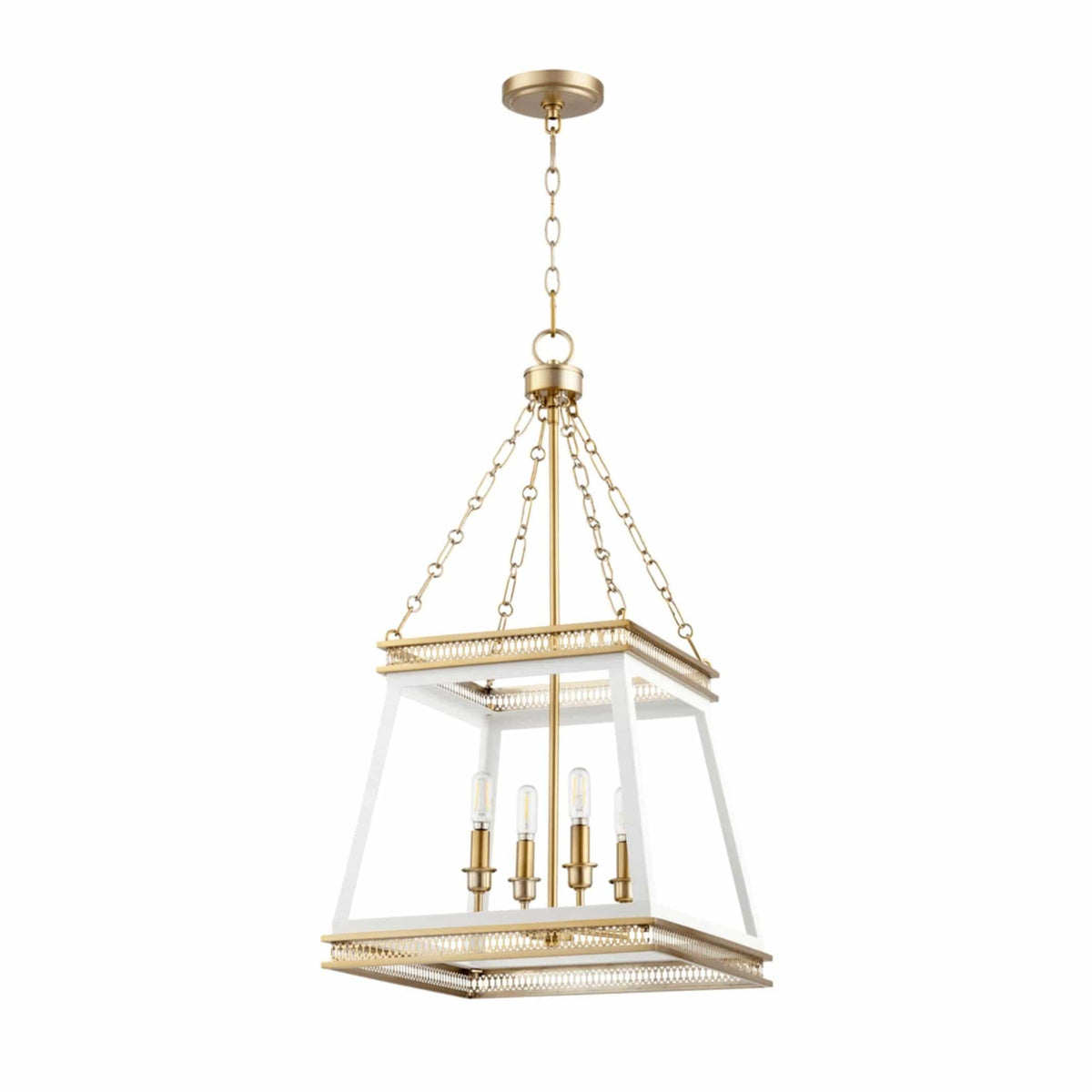 Gerome white and aged brass pendant light with an open frame and four candelabra bulbs.