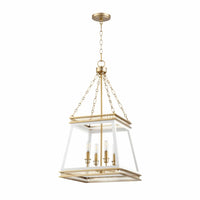 Gerome white and aged brass pendant light with an open frame and four candelabra bulbs.