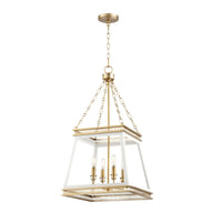 Gerome white and aged brass four-light pendant with open frame and candelabra sockets.