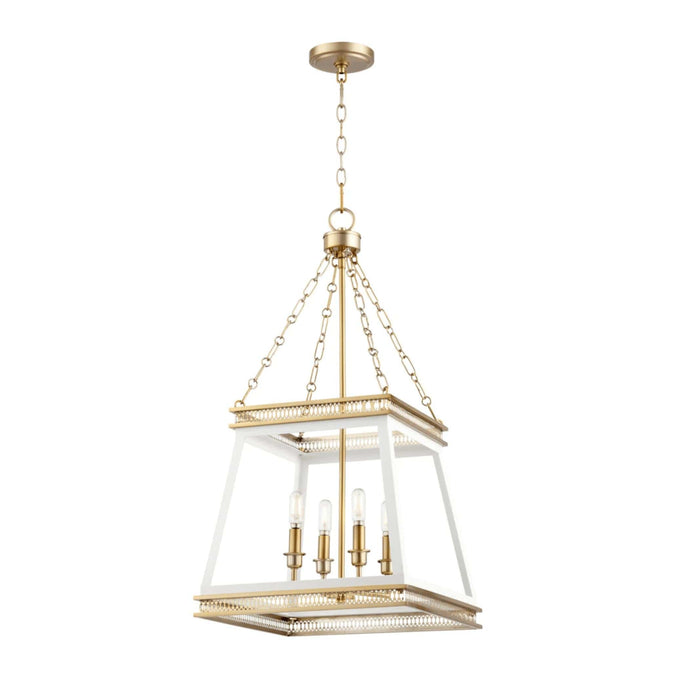 Gerome white and aged brass four-light pendant with open frame and candelabra sockets.