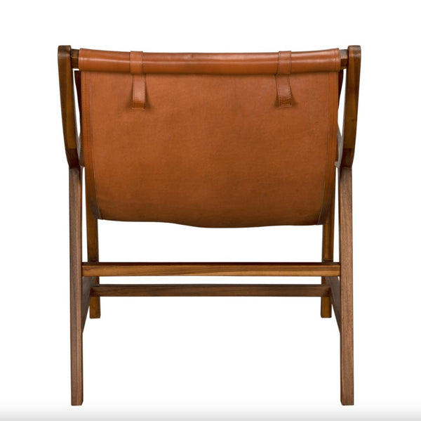 Gilberto Leather & Teak Sling Chair, featuring a warm teak frame and supple brown leather.
