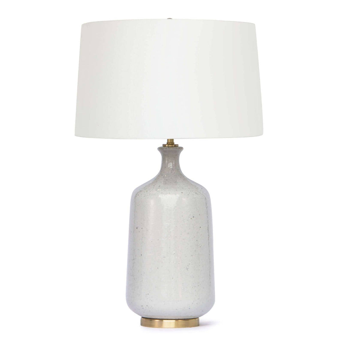 Glace ceramic table lamp with natural hues, brass base, and hand-rolled natural linen shade.