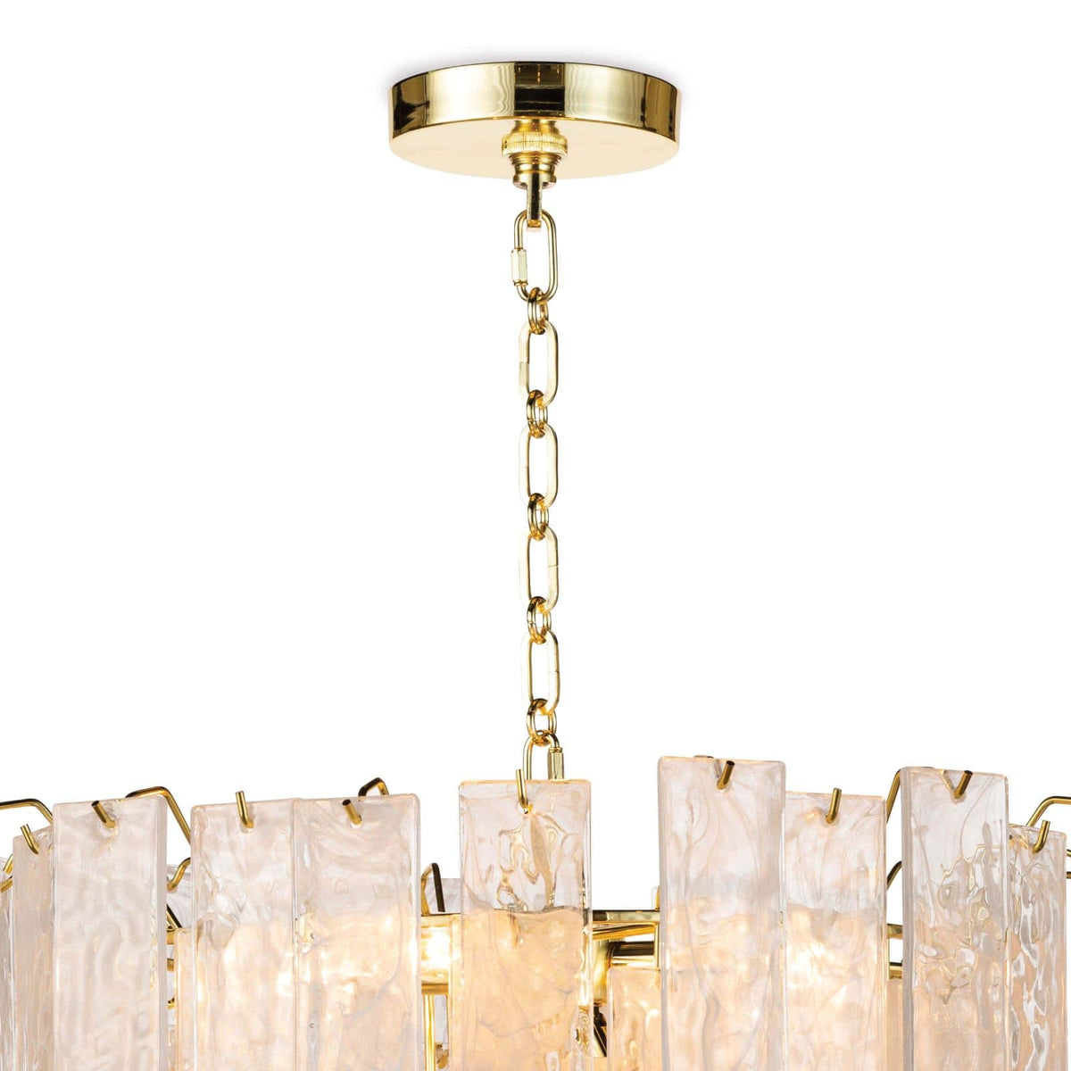 Small Glacier Chandelier with gold finish and rectangular water glass panes, providing a soft glow.