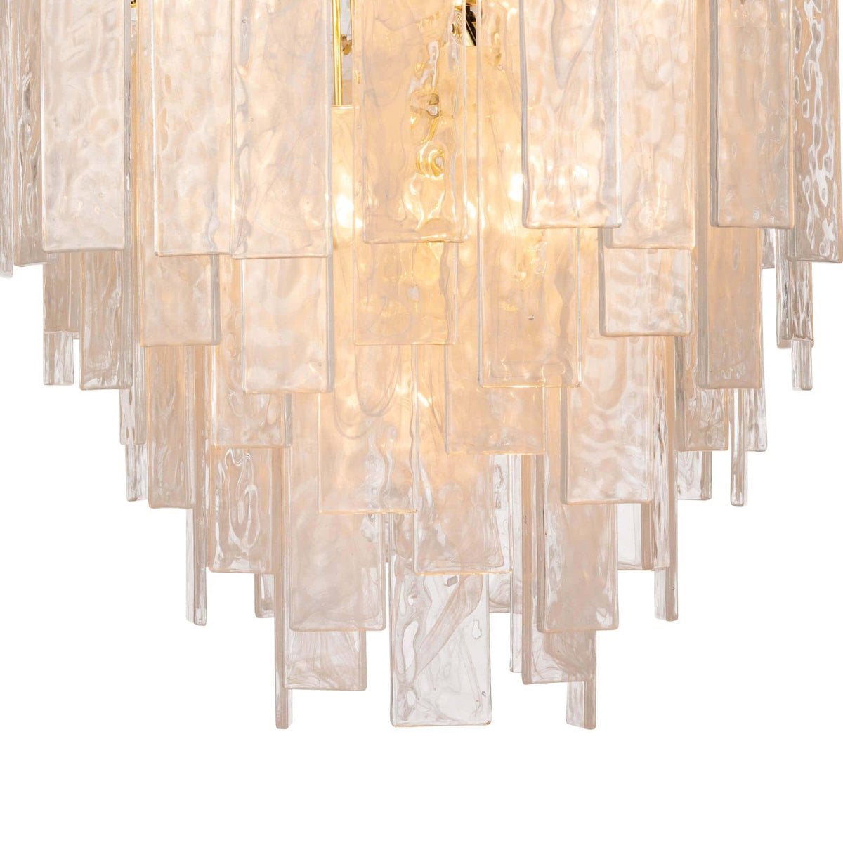 Small Glacier Chandelier with tiered water glass panes and white swirls, diffusing a soft glow.