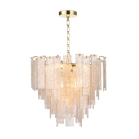 Small Glacier Chandelier with gold hardware and tiered water glass panes, creating a soft glow.