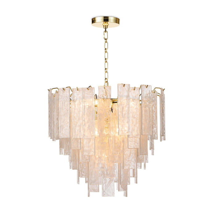 Small Glacier Chandelier with gold hardware and tiered water glass panes, creating a soft glow.