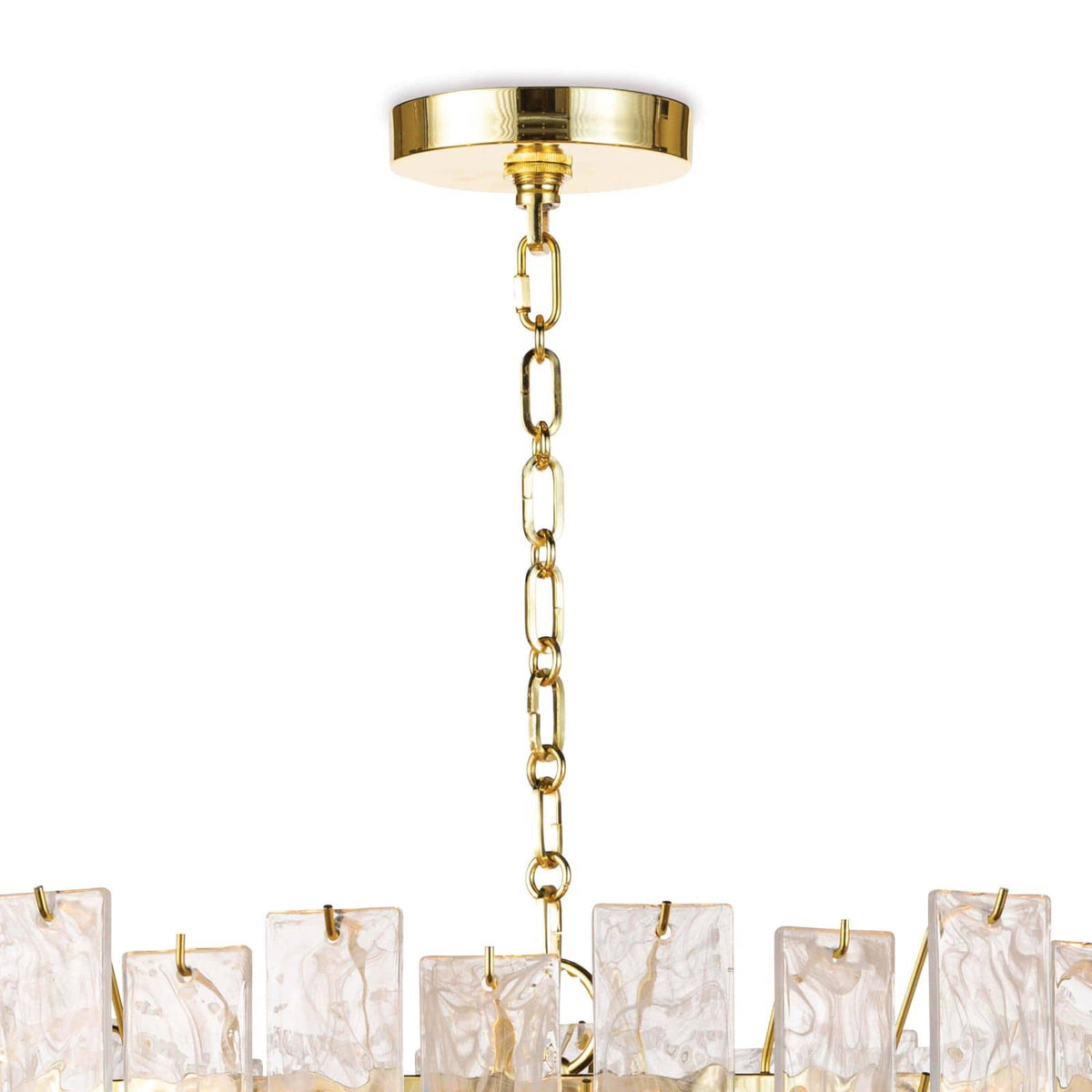 Glacier Glass & Brass Chandelier with striking water glass panes and a gold chain.
