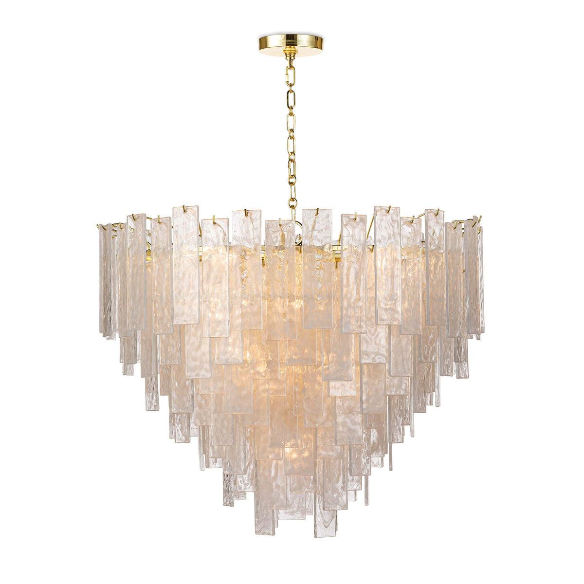 Glacier Glass & Brass Chandelier with tiered water glass panes and a gold chain.
