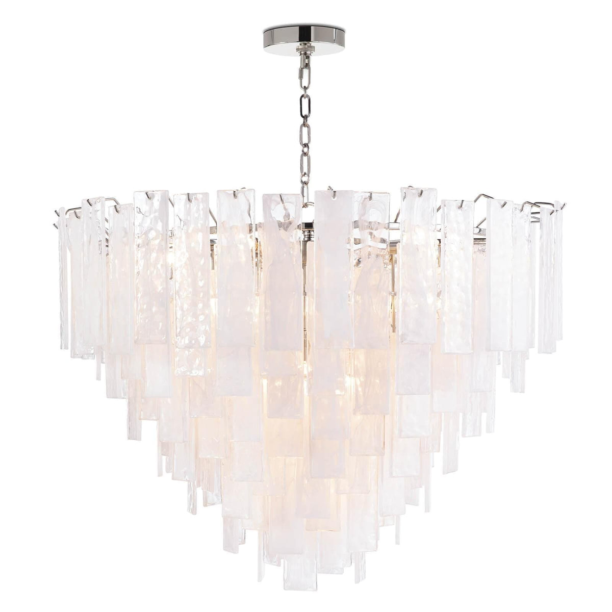 Large Glacier chandelier with polished nickel frame and tiered water glass panes.