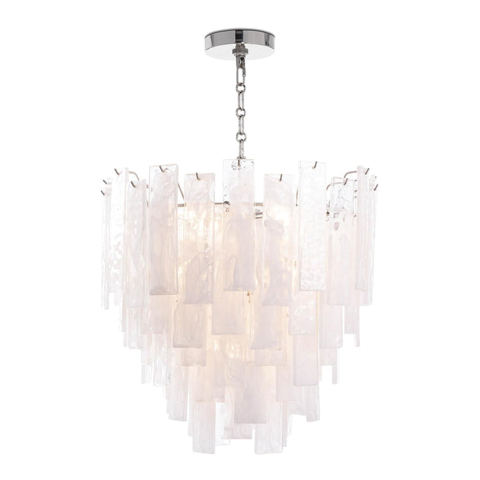Small Glacier chandelier with polished nickel finish and textured water glass panels.