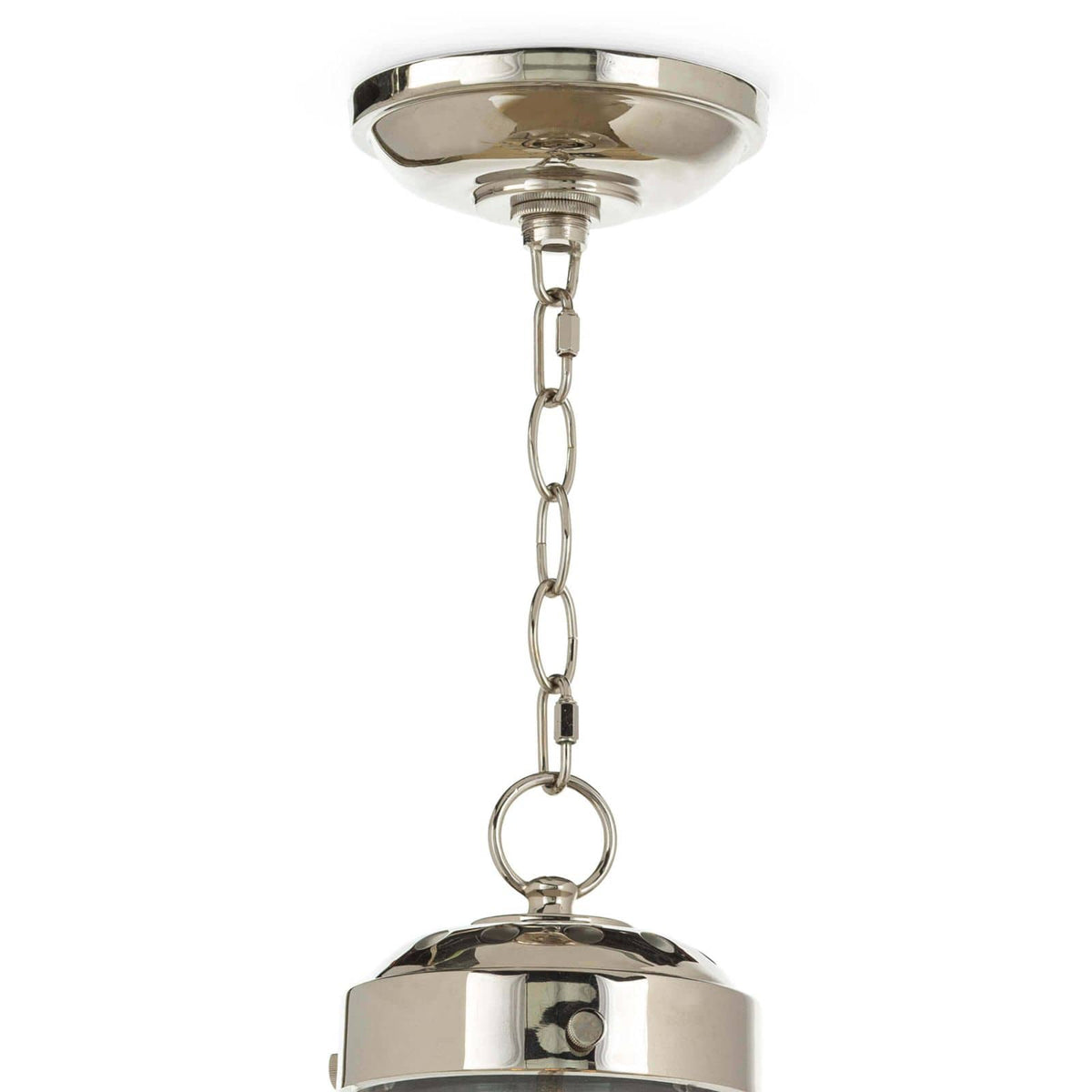 Polished nickel globe pendant light with a circular glass shade and three candle-style clusters.