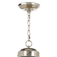 Polished nickel globe pendant light with a circular glass shade and three candle-style clusters.