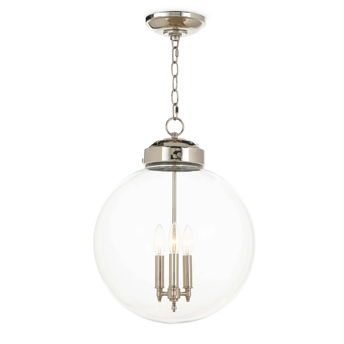 Polished nickel globe pendant with clear glass and three candelabra-style lights.