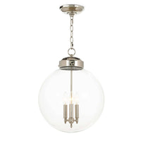 Polished nickel globe pendant with clear glass and three candelabra-style lights.