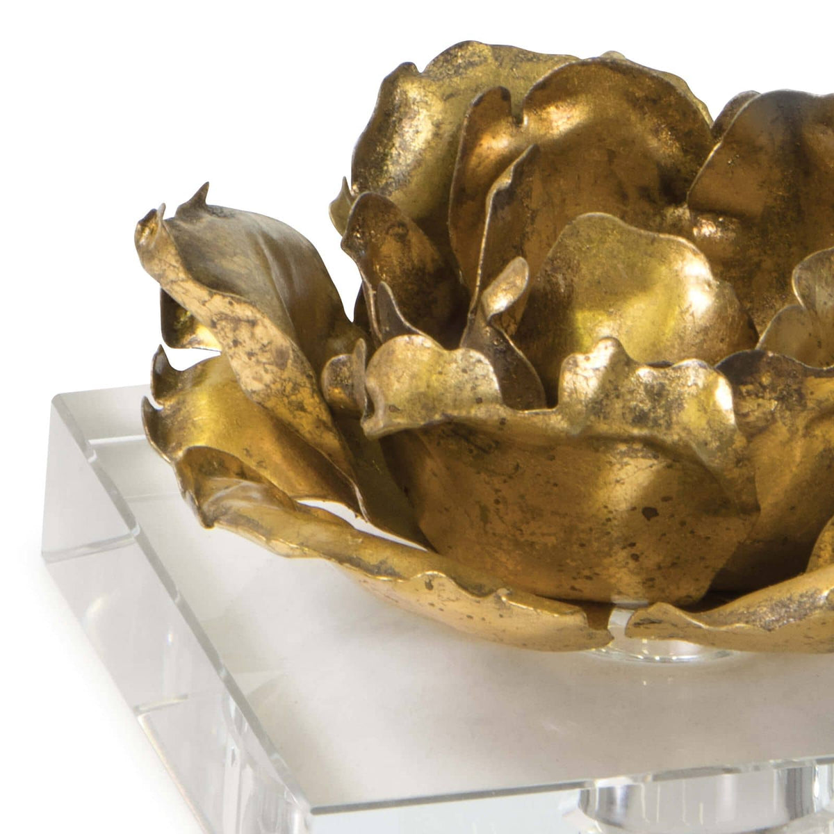 Gold leaf blossom candle accessory on a clear crystal base, 3.5" tall.