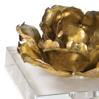 Gold leaf blossom candle accessory on a clear crystal base, 3.5" tall.