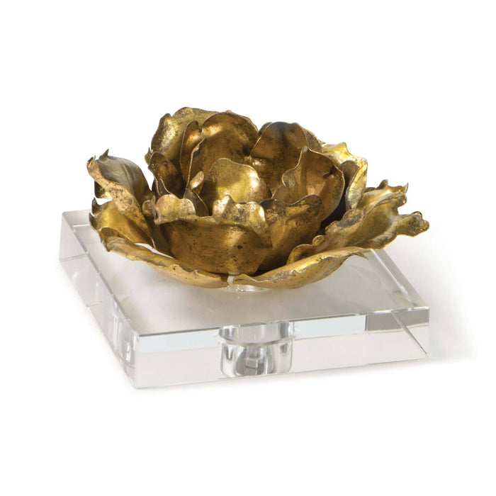 Gold leaf blossom candle accessory on a clear crystal base, 3.5" tall.