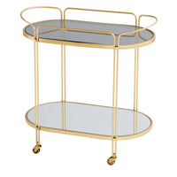 Gold metal bar cart with two oval tempered glass shelves and wheels.