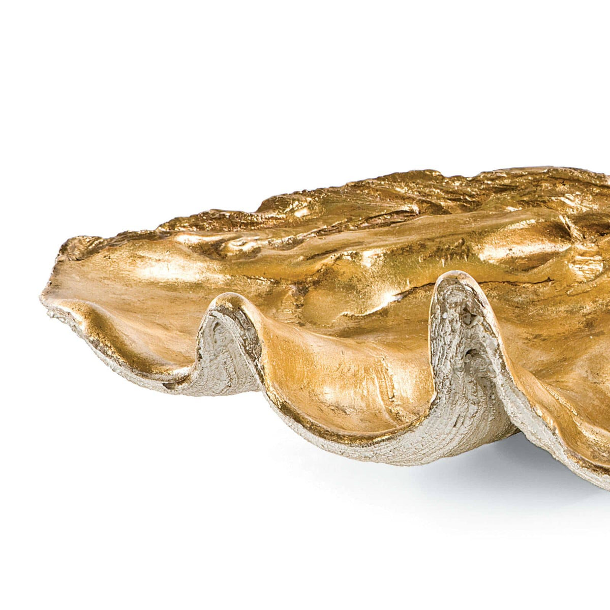 Large golden clam shell decorative bowl with a textured, rippled edge.