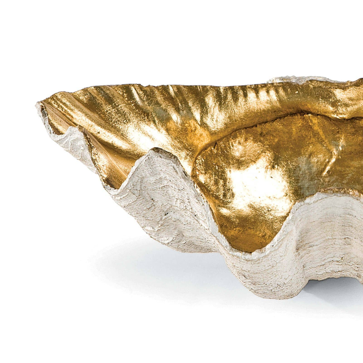 Small decorative clam shell bowl with a textured white exterior and a shimmering gold interior.