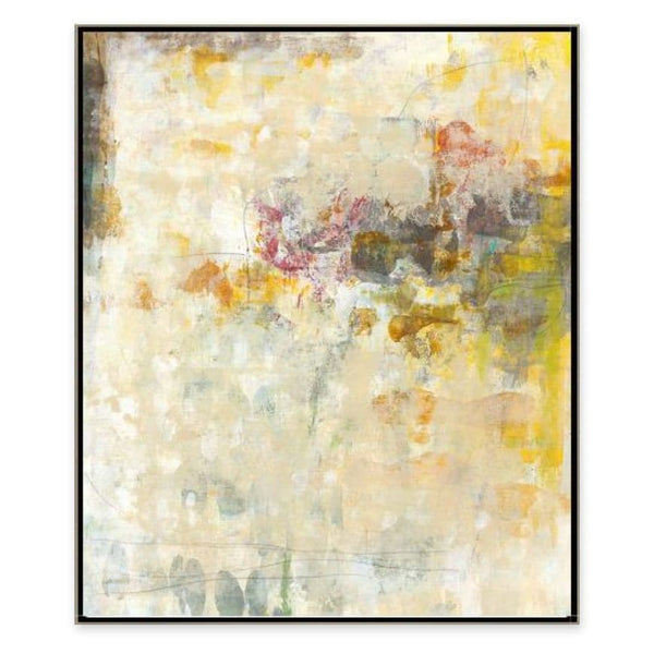 Abstract giclee painting, "Good Intentions II," with yellow, cream, and subtle red tones, framed in black.