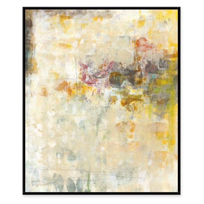 Abstract giclee painting, "Good Intentions II," with hand-applied gel texture, featuring warm yellows, creams, and subtle reds.