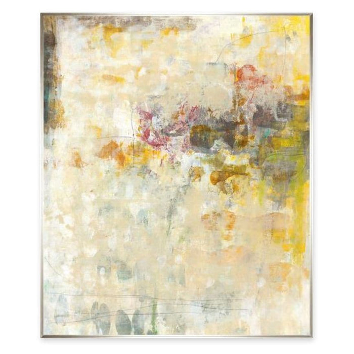 Abstract giclee painting, "Good Intentions II," with hand-applied gel texture, featuring warm yellows, reds, and subtle greens.