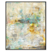 Abstract giclee painting with hand-applied gel finish, featuring muted yellows, blues, and grays in a black frame.