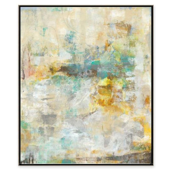 Abstract giclee painting with hand-applied gel finish, featuring muted yellows, blues, and grays in a black frame.