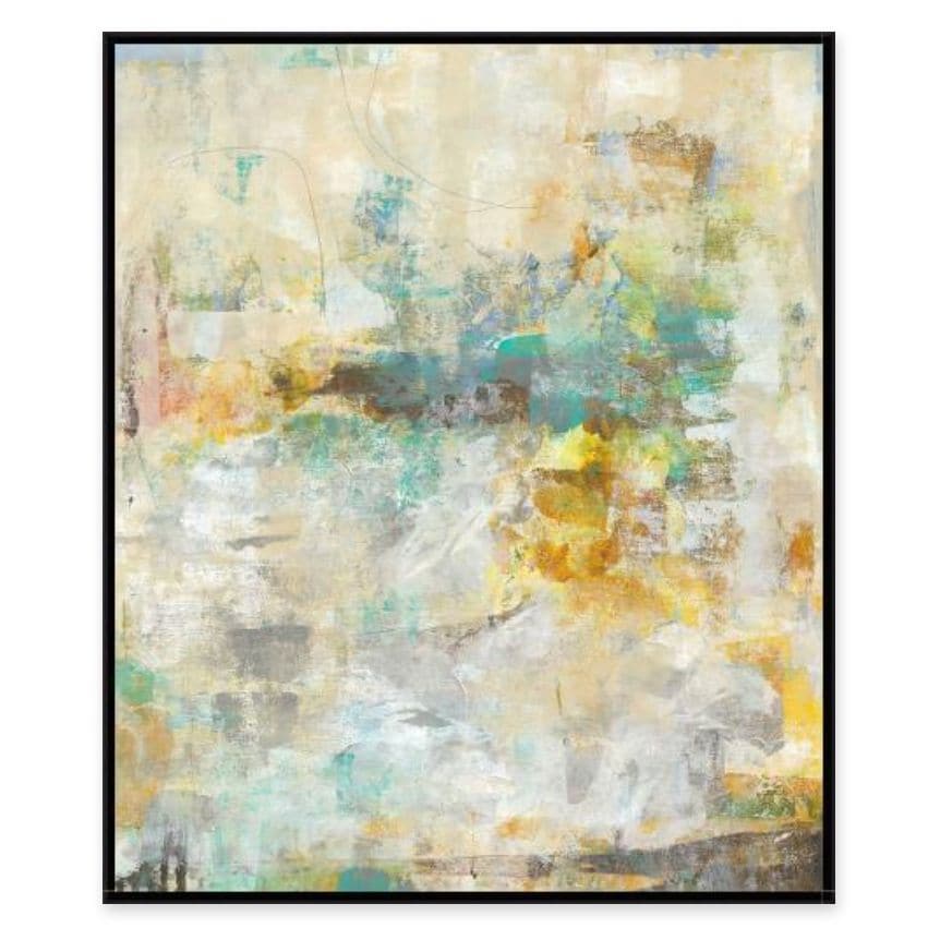Abstract giclee painting with a black frame, featuring layered textures in cream, gold, teal, and gray.