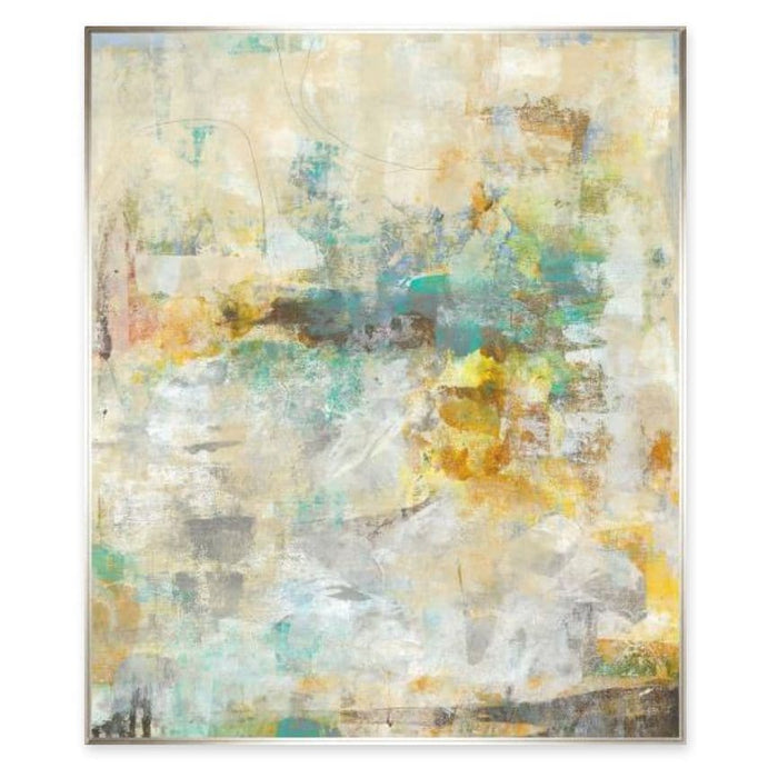 Abstract giclee painting "Good Intentions III" with layered textures in cream, teal, gold, and gray.