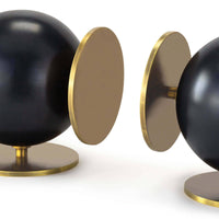 Modern Grant Black & Brass Bookends with spherical metal bodies and natural brass disc bases.