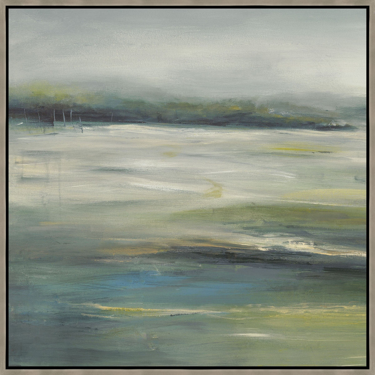 Abstract giclee painting with earthy greens, blues, and grays, framed in a natural wood finish.
