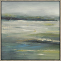 Abstract giclee painting with earthy greens, blues, and grays, framed in a natural wood finish.